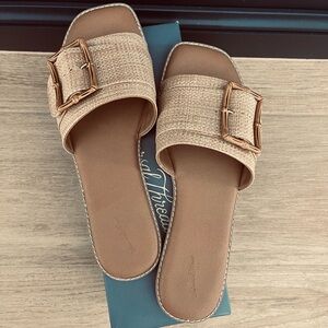 Universal Thread Tan Woven Slide Sandals with Gold Buckle